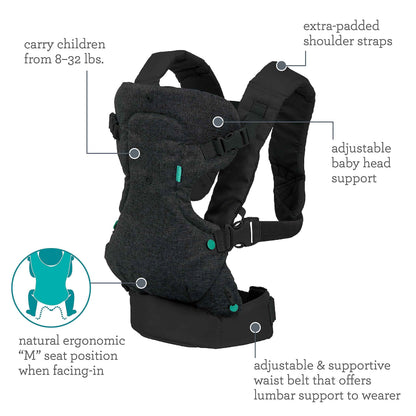 Infantino Flip Advanced 4-in-1 Babytrage, Ergonomisch, Umwandelbar, mit Blickrichtung Nach Innen und Außen, Vorne und Hinten Tragbar für Neugeborene bis Kleinkinder von 3,6-14,5 kg, Grau