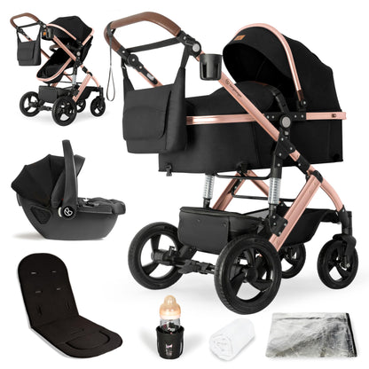 Bergsteiger Nizza 3 in 1 Kinderwagen, Kombikinderwagen Komplettset, Auto-Babyschale & Isofix Station, Babywanne & Buggy Sportsitz inklusive
