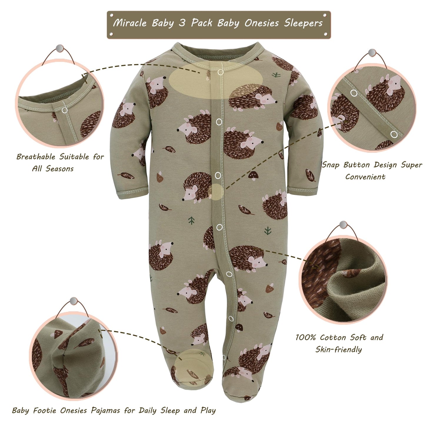 Babyschlafstrampler Baumwolle mit Füßen mit Knöpfen Größe 56 62 68 cm für Jungen Mädchen Neugeborene 3er Pack