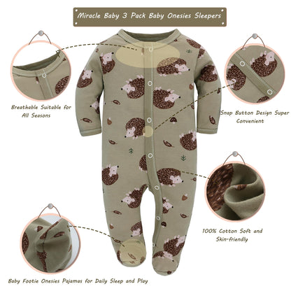 Babyschlafstrampler Baumwolle mit Füßen mit Knöpfen Größe 56 62 68 cm für Jungen Mädchen Neugeborene 3er Pack