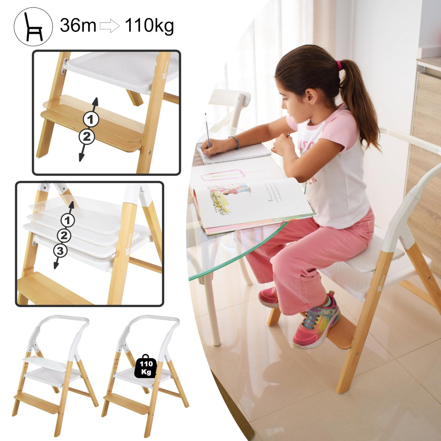 Baby Hochstuhl Set 5in1: multifunktional Alaia, Lernturm, Kinderstuhl - ab Geburt 0m+ - Faltbar und ergonomisch aus Buchenholz – Abnehmbare Tischplatte und Sicherheitsgurt