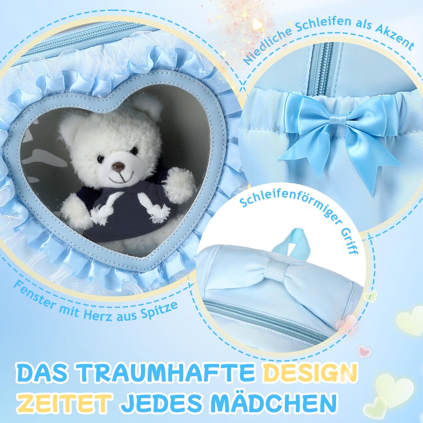Schulrucksack Mädchen Herzdesign 22L mit Gepäckgurt für Schule | Spitze & Schleifendetails, Ergonomische 3D-Rückenpolsterung, wasserabweisendes Polyester, zahlreiche getrennte Fächer