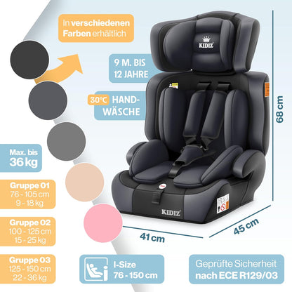 Autokindersitz mit Isofix i-Size R129 100-150cm bis 12 Jahre, Kinderautositz Gruppe 1/2/3, mitwachsender Kindersitz, 5-Punkt-Gurt & höhenverstellbare Kopfstütze, Sitzerhöhung Auto, Schwarz