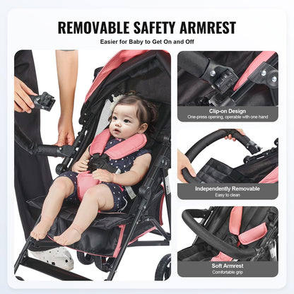 VEVOR Leichter Kinderwagen, kompakt, einfach zusammenklappbar, mit verstellbarer Rückenlehne, Rahmen aus Karbonstahl, großer Aufbewahrungskorb, Kinderwagen mit Schirm für Reisen und mehr, Schwarz/Pink - Meloni2