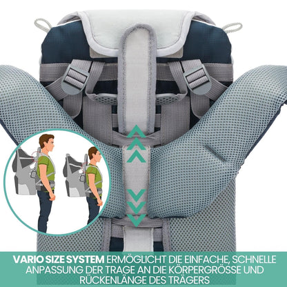 Fillikid Rückentrage - Rücken Babytrage mit Sonnenschutz, Gurt, Kinder Rucksack und Staufächern - Kraxe zum Wandern mit Baby und Kleinkind, bis 18 kg - Blau Grau