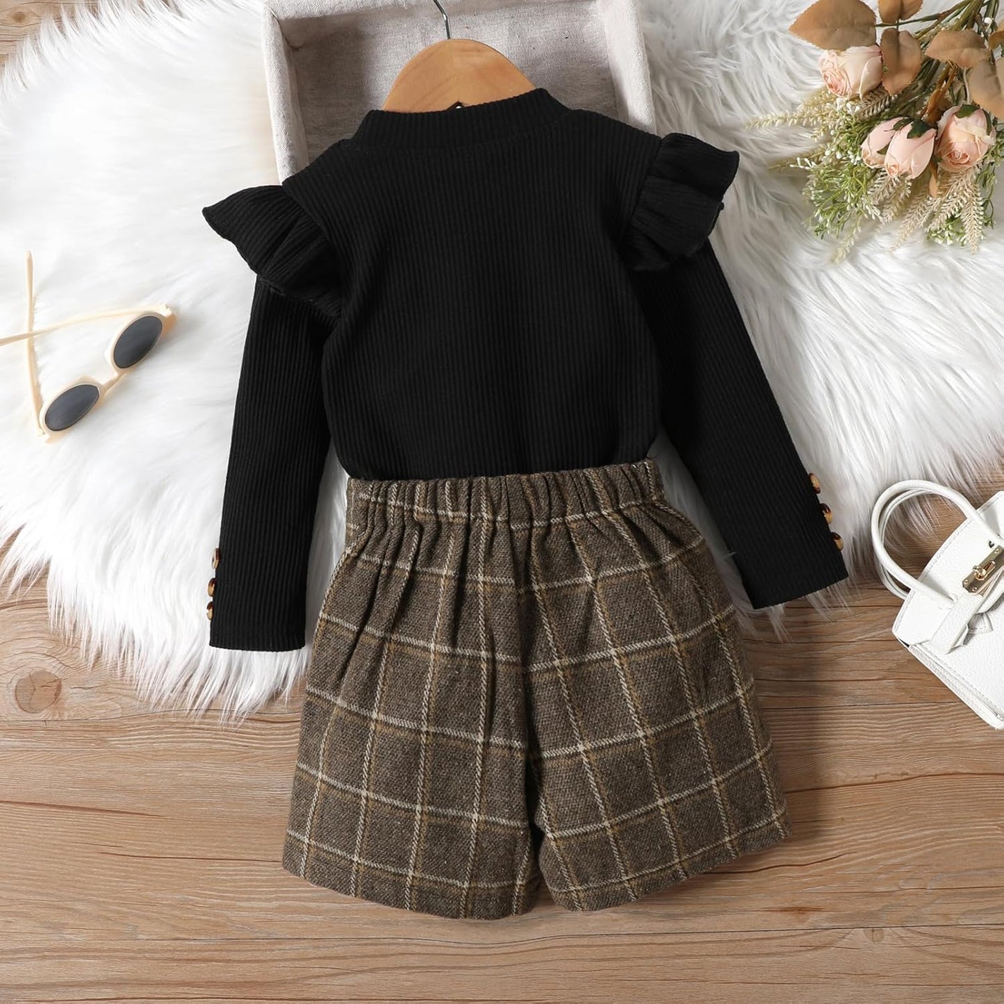 UUAISSO Kleinkind Baby Mädchen Kleidung Langarm Gerippte Oberteile Plaid Tweed Muster Rock Baskenmütze Herbst Knopf Outfits Sets