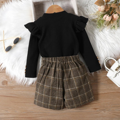 UUAISSO Kleinkind Baby Mädchen Kleidung Langarm Gerippte Oberteile Plaid Tweed Muster Rock Baskenmütze Herbst Knopf Outfits Sets