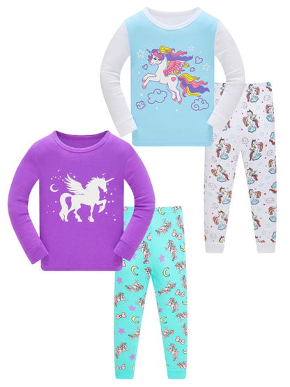 LOLPIP Mädchen Pyjamas 100% Baumwolle Schlafanzug für Kinder Schlafkleidung Langarm 4 Stück Set 1-12 Jahre