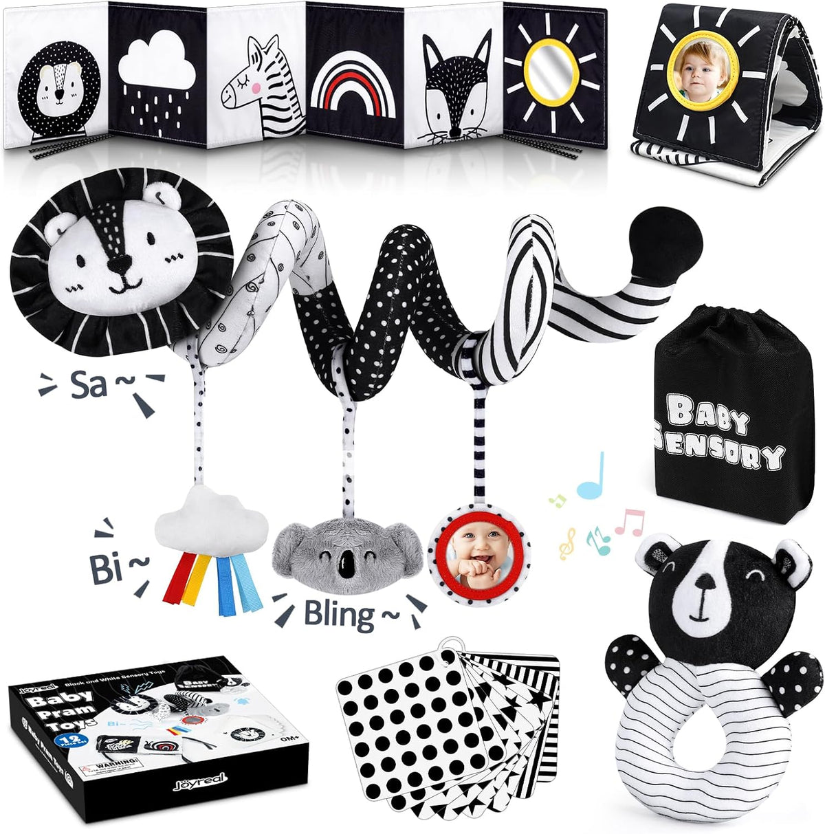 Joyreal Kinderwagen Spielzeug - Schwarz Weiss Spielzeug Stoffbuch, Kontrastbuch Baby, Kontrastkarten Baby, Sensorik Kontrast Spielzeug, Neugeborenen