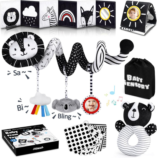 Joyreal Kinderwagen Spielzeug - Schwarz Weiss Spielzeug Stoffbuch, Kontrastbuch Baby, Kontrastkarten Baby, Sensorik Kontrast Spielzeug, Neugeborenen