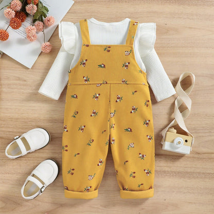 Baby Mädchen Kleidung gerippte Stricken Langarm Tops Blumenmuster Hosenträger Hosen mit Tasche Outfits Sets