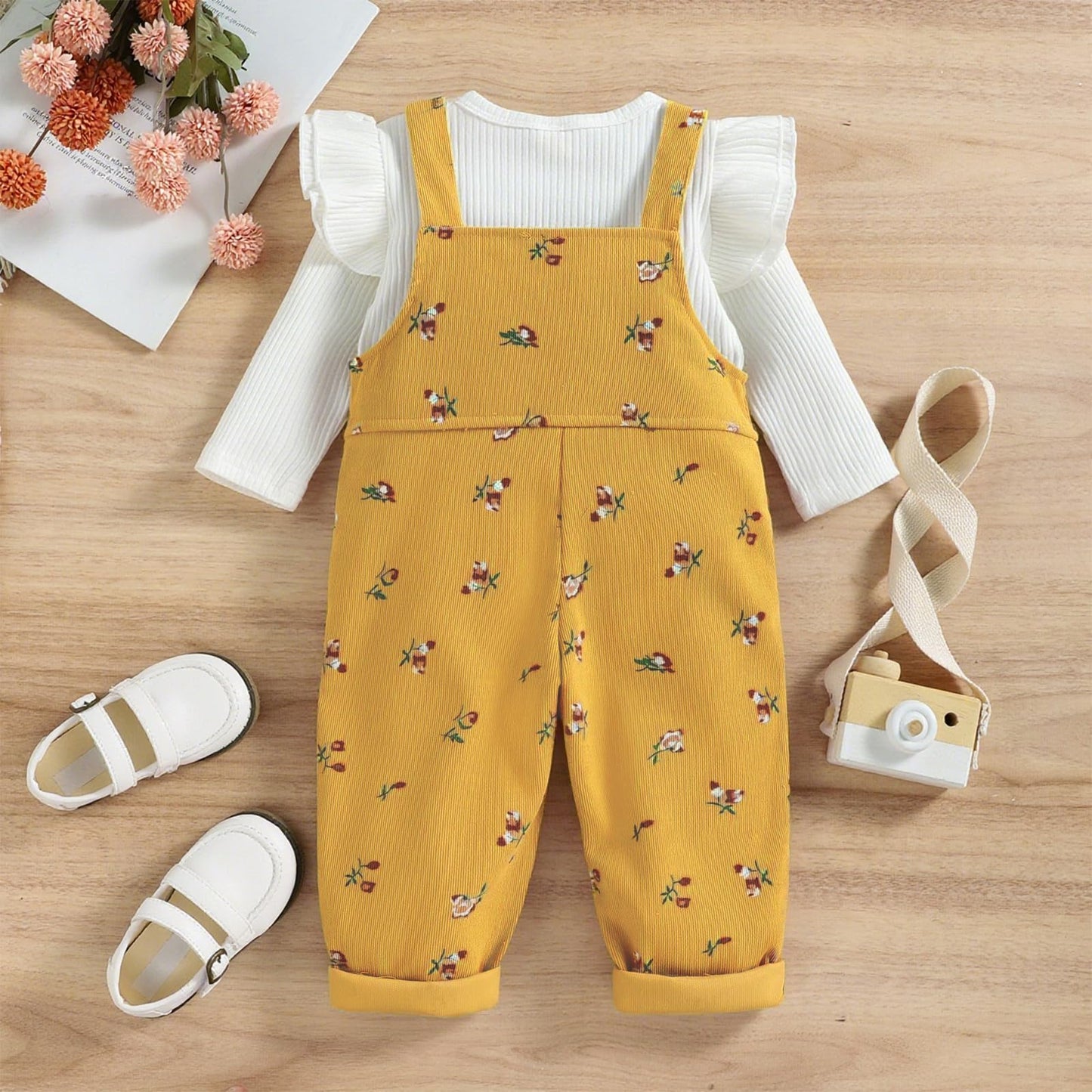 Baby Mädchen Kleidung gerippte Stricken Langarm Tops Blumenmuster Hosenträger Hosen mit Tasche Outfits Sets