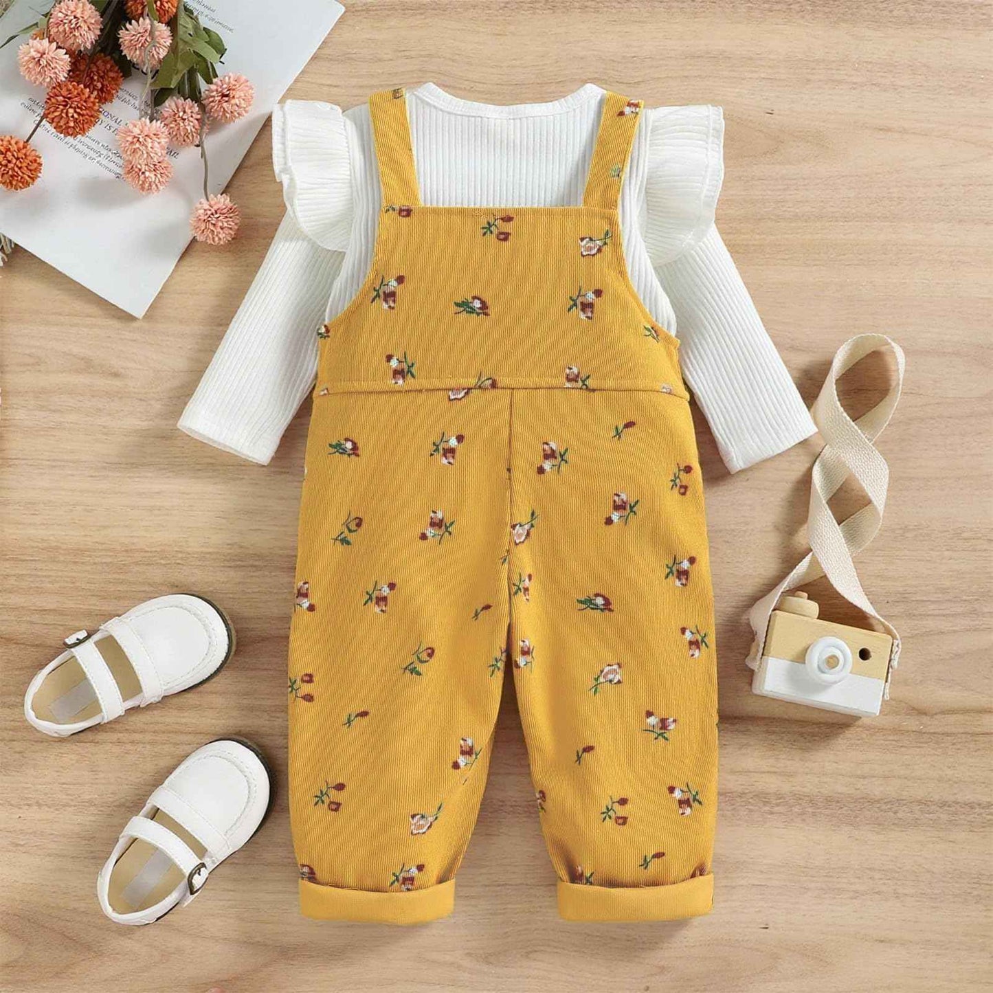 Baby Girls' Clothing Ribbed Knit Long Sleeve Tops Floral Pattern Braces Trousers with Pocket Outfits Sets