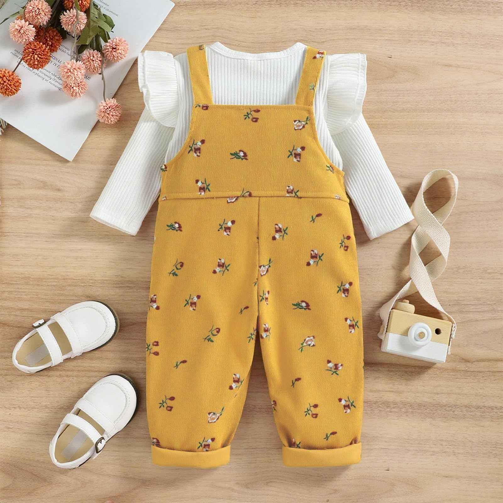 Baby Girls' Clothing Ribbed Knit Long Sleeve Tops Floral Pattern Braces Trousers with Pocket Outfits Sets