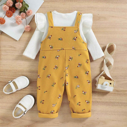 Baby Girls' Clothing Ribbed Knit Long Sleeve Tops Floral Pattern Braces Trousers with Pocket Outfits Sets