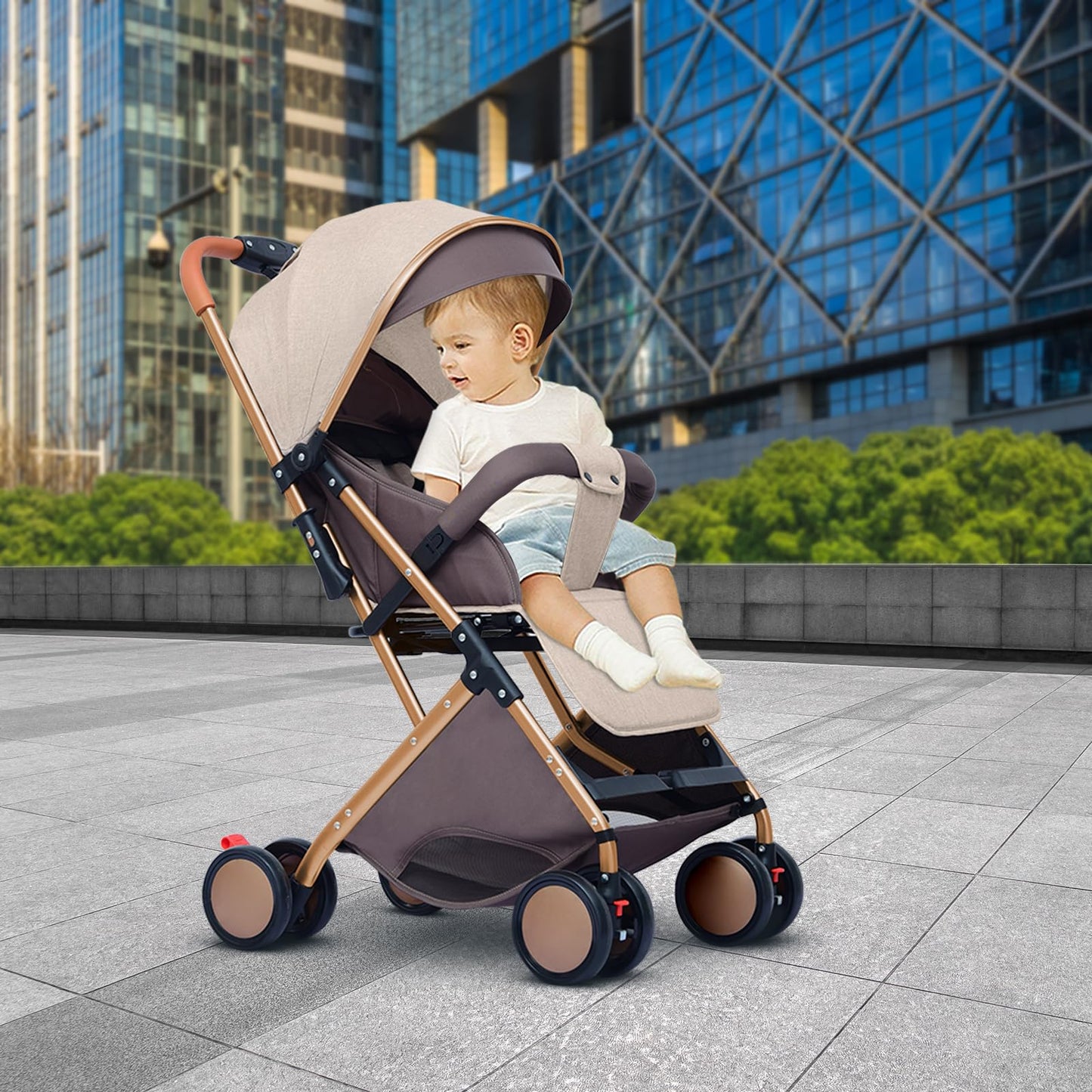 Buggy für Babys, ultraleicht, kompakt, faltbar und neigbar, von Geburt bis 25 kg, mit Trolley-System, Regenschutz inklusive, ausziehbarer Haube, C-schwarz