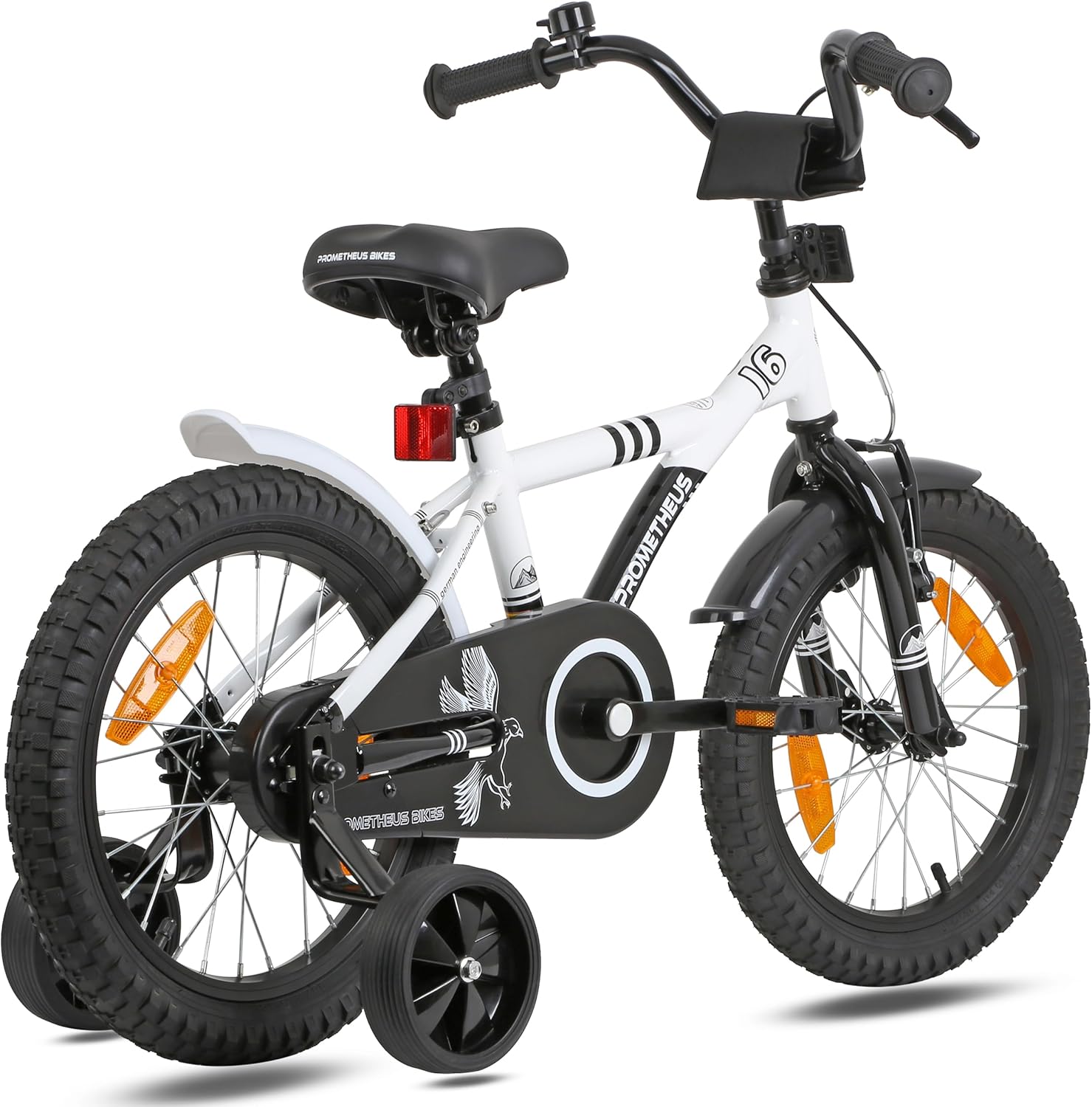 PROMETHEUS BICYCLES Kinderfahrrad 16 Zoll ab 5 Jahren - Kinder Fahrrad Mädchen Jungen Fahrrad Kinder mit Stützräder Rücktrittbremse in Weiss Schwarz - Meloni2