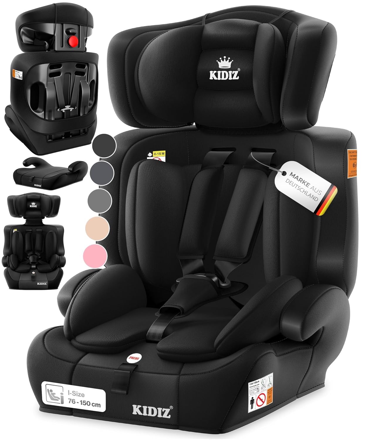 Autokindersitz mit Isofix i-Size R129 100-150cm bis 12 Jahre, Kinderautositz Gruppe 1/2/3, mitwachsender Kindersitz, 5-Punkt-Gurt & höhenverstellbare Kopfstütze, Sitzerhöhung Auto, Schwarz