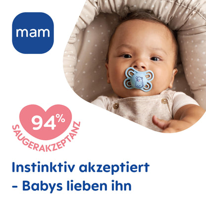 MAM Perfect Day & Night Schnuller | 0-6 Monate | Babyschnuller für Neugeborene | 94% Akzeptanz | beugt Zahnfehlstellungen vor | mit Zahnmedizinern entwickelt| SkinSoft Silikon |Igel/Schaf | 4 Stück