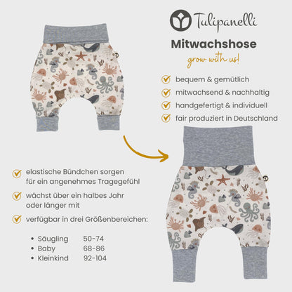 Handmade Baby Baggy Trousers, Handmade Cotton Jersey Grows with Your Gown, Sizes 50-74, 68-86, 92-104, Fairly Produced in Germany (Sea Creatures, 50-74)