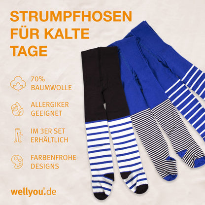 wellyou Children's Tights Girls & Boys - Set of 3 Baby Tights with Pattern - Colourful Cotton Tights Made of Oeko-Tex Certified Materials (Size 62-146)