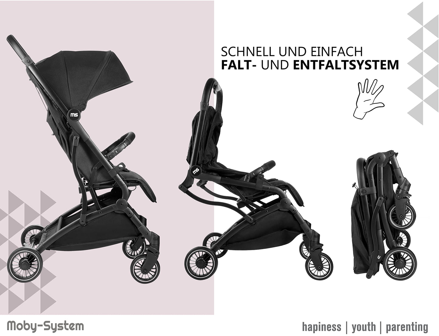 Moby-System, Buggy, superleicht und kompakt, bis 14 kg, verstellbare Rückenlehne, Doppelräder, schwenkbare Schaumstoffräder, faltbar, mit Sonnendach – idealer Kinderwagen für Spaziergänge, grau