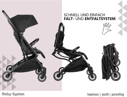 Moby-System, Buggy, superleicht und kompakt, bis 14 kg, verstellbare Rückenlehne, Doppelräder, schwenkbare Schaumstoffräder, faltbar, mit Sonnendach – idealer Kinderwagen für Spaziergänge, grau