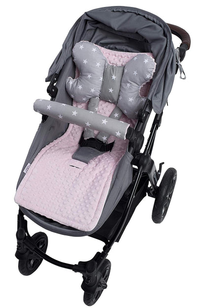 Sitzauflage Kinderwagen Buggy Baby Sommer Kindersitz Einlage Universal - 5tgl Gurtpolster + Spielbogen Kinderwagenset Babyschale (Safari mit beige Minky)