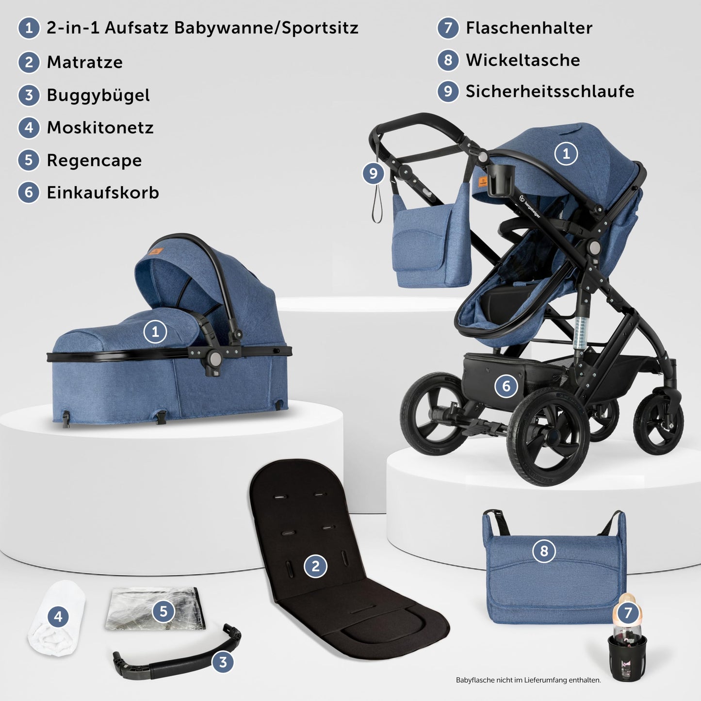 Bergsteiger Nizza 3 in 1 Kinderwagen, Kombikinderwagen Komplettset, Auto-Babyschale & Isofix Station, Babywanne & Buggy Sportsitz inklusive