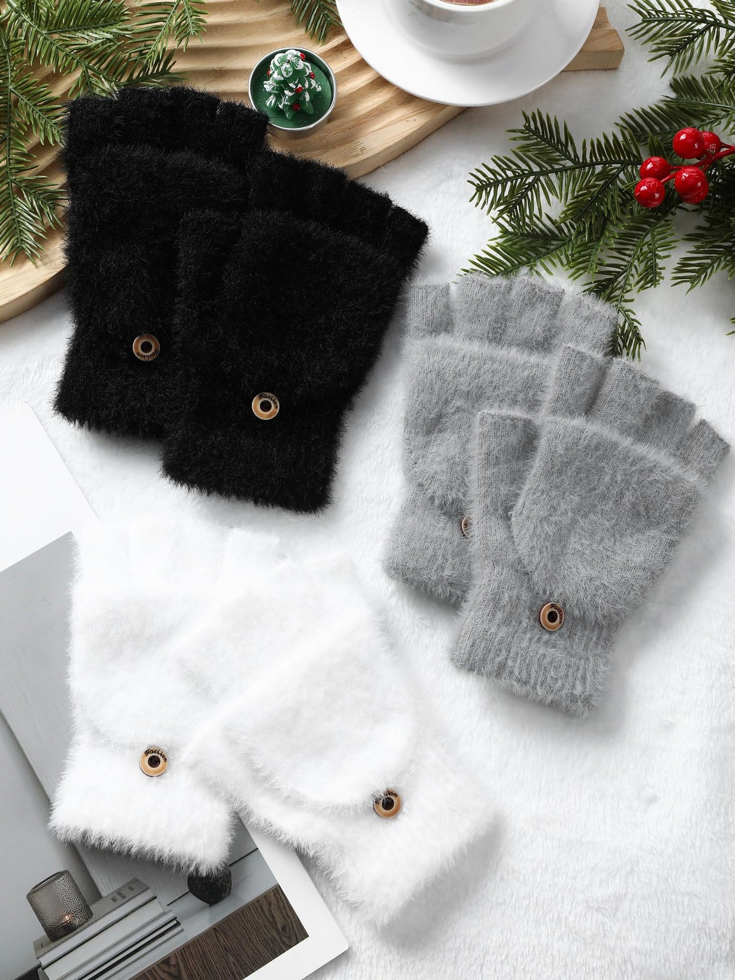 Geyoga 3er Pack Fingerlose Handschuhe mit Klappe Damen Winter Halbfinger Fäustlinge Handschuhe für Kinder