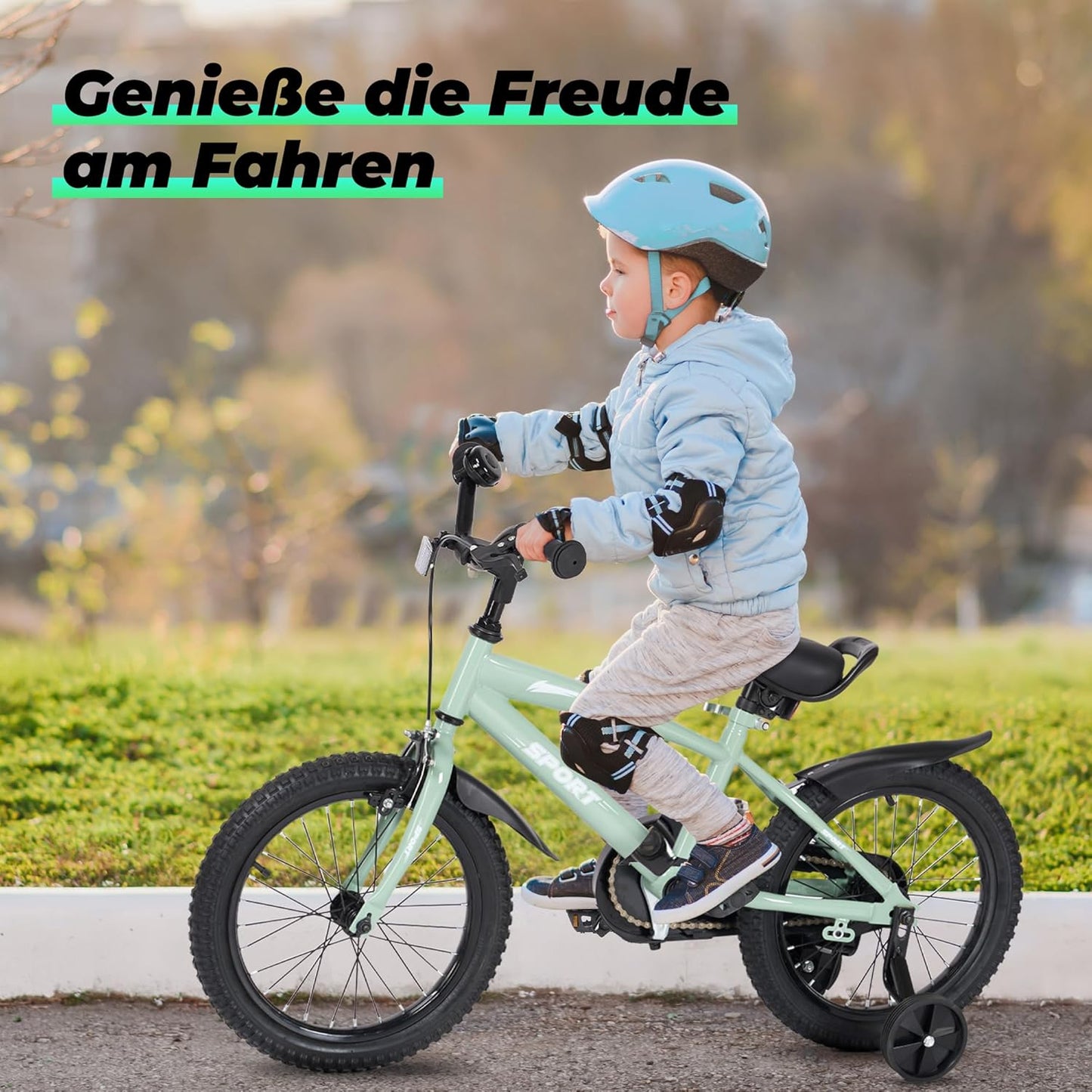 BODIOO Kinderfahrrad 12 Zoll, Fahrrad für Jungen und Mädchen mit Stützrädern, robustem Rahmen, verstellbarem Sitz, Rücktritt- und Handbremse, geeignet für Fahrer von 83 bis 96 cm (Minzgrau) - Meloni2