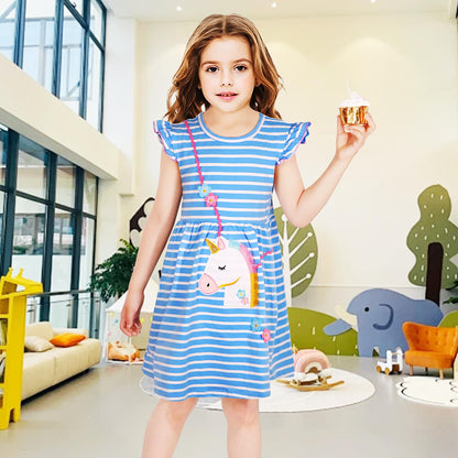 FILOWA Kleider für Mädchen Kinder Einhorn Blumen Stickerei Herz Druck Tier Sommerkleid Cartoon Kinderkleider Embroider Baumwolle Mädchenkleid Lange/Ärmellos Lässige Geburtstag Kinderkleidung,Gr.92-128