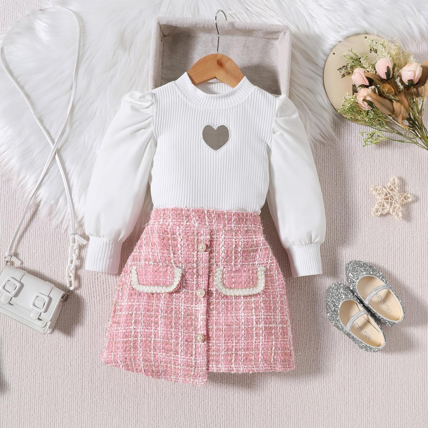UUAISSO Kleinkind Baby Mädchen Kleidung Langarm Gerippte Oberteile Plaid Tweed Muster Rock Baskenmütze Herbst Knopf Outfits Sets