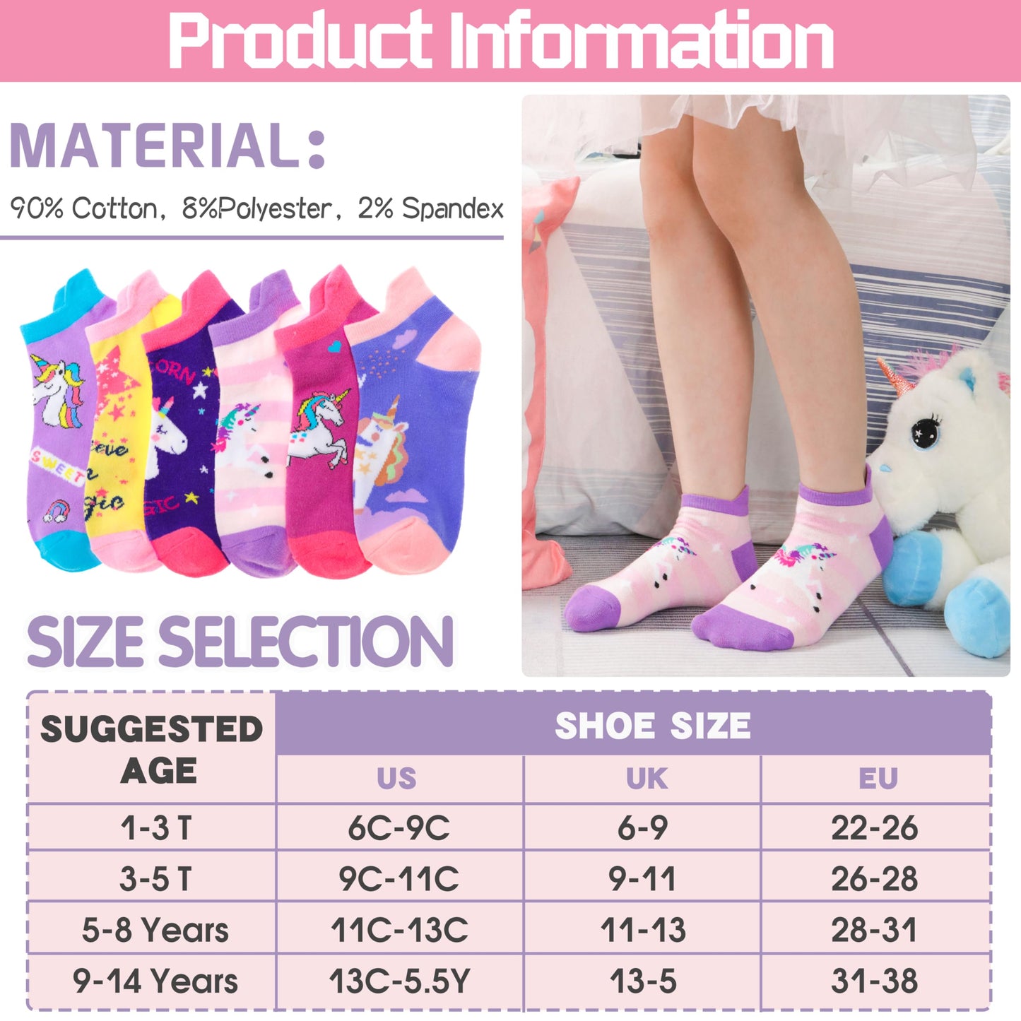 ANTSANG Kinder Lustige Socken Mädchen Sneaker Socken Kurze Einhorn Kindersocken Bunte Cartoon Baumwolle Kleinkind Socken 6 Paare