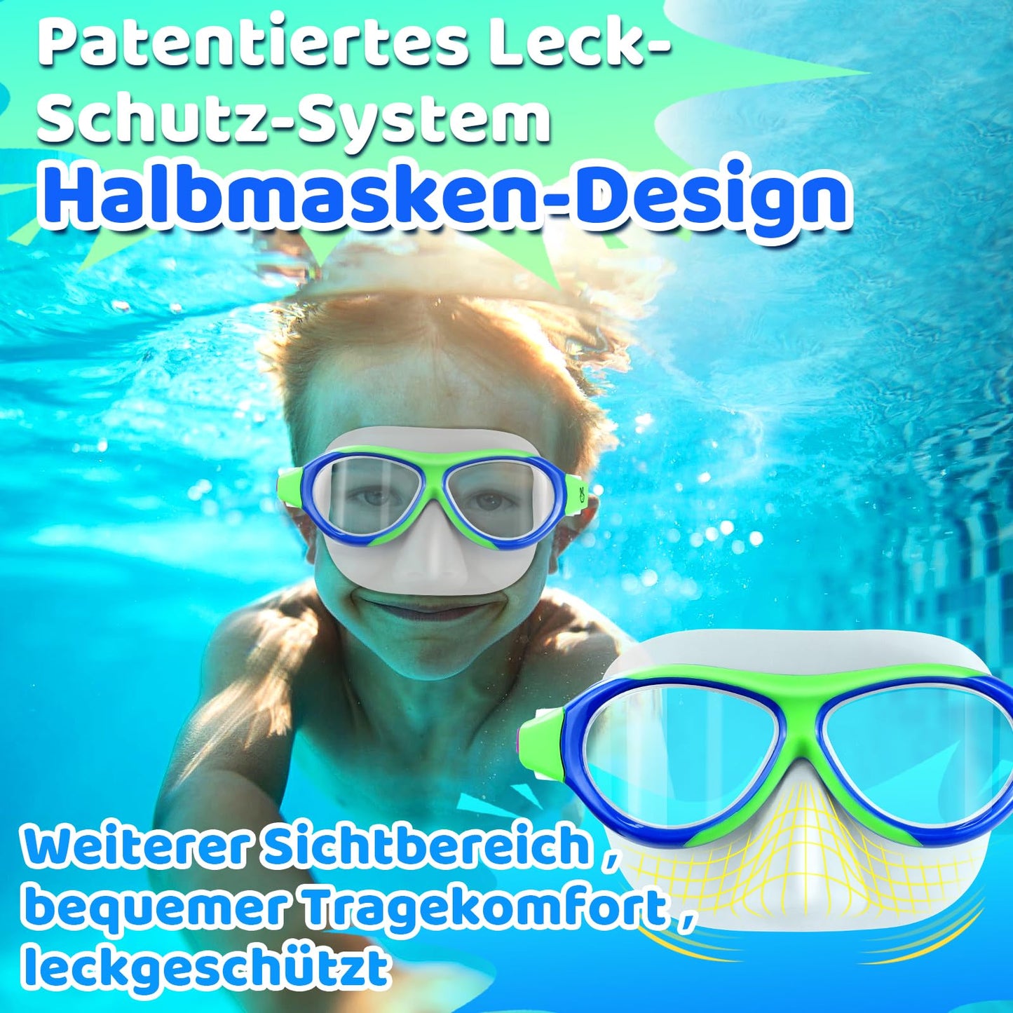 Vvinca Swimming Goggles for Kids with Nose Guard and Fabric Strap, Shatterproof, Anti-Fog and Waterproof for Children 3-14 Years