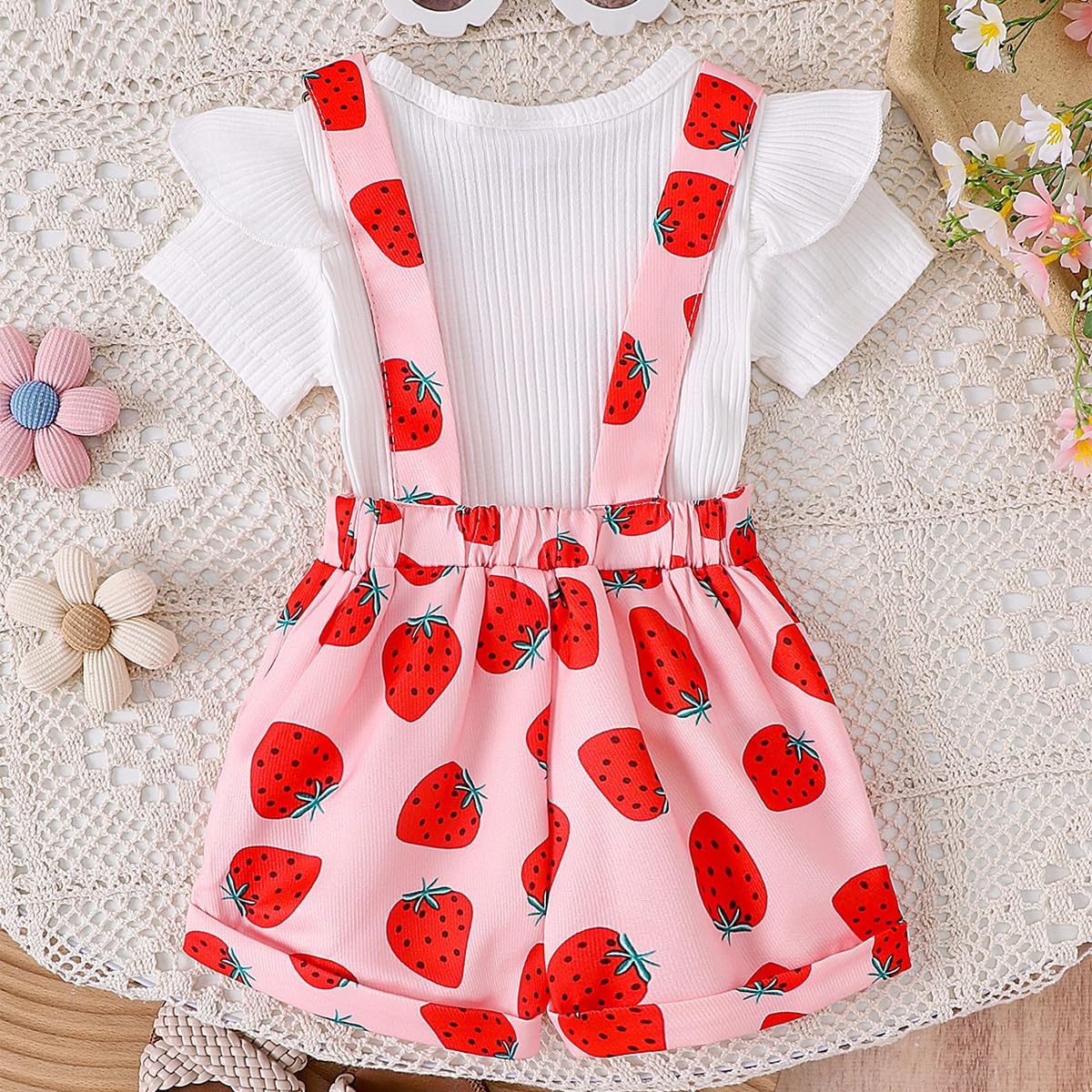 Baby Mädchen Sommer Outfits Rüschen Kurzarm Ripptop+ Blumen/Herzmuster Overalls Shorts Mit Tasche Süßes 2-Teiliges Kleidungsset