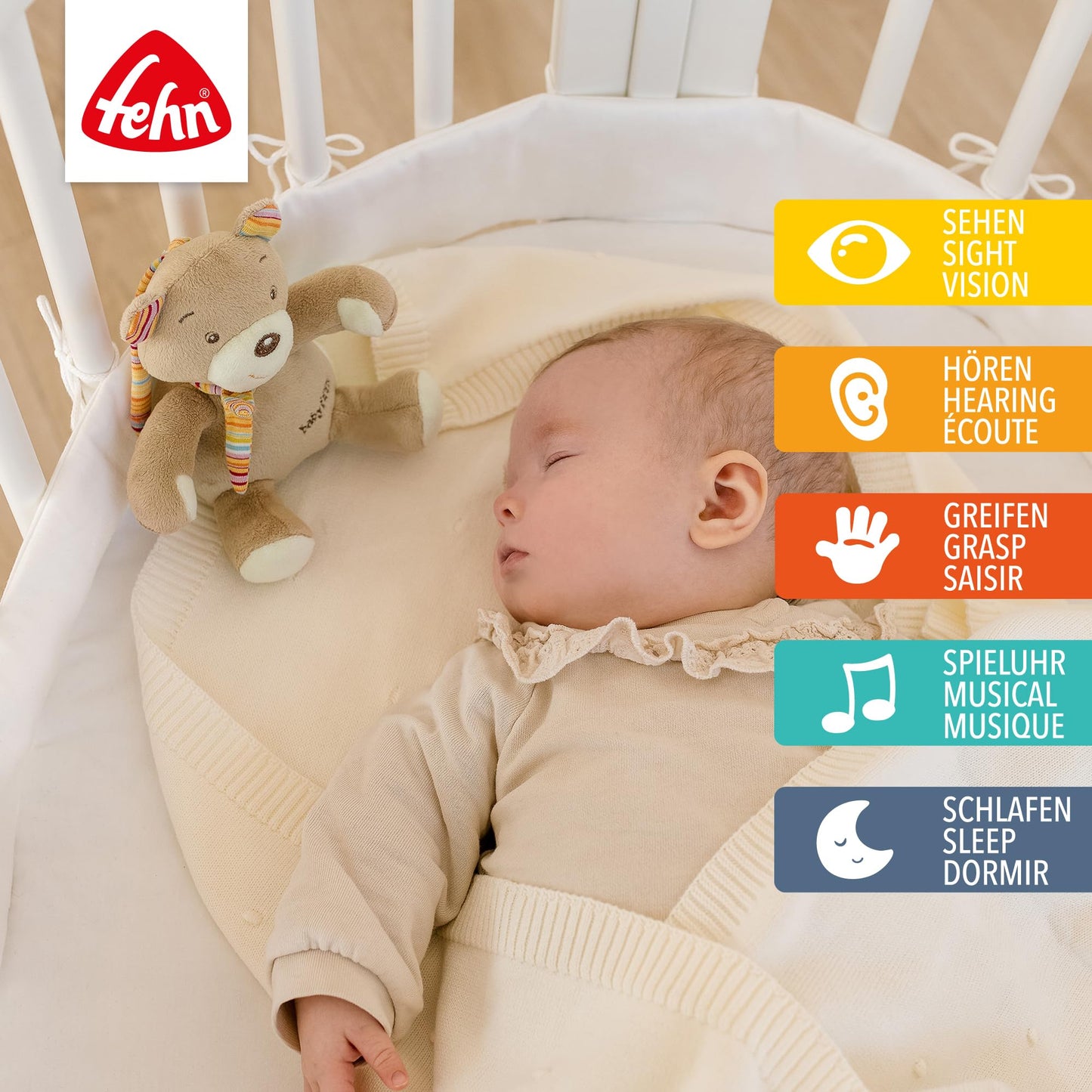 Fehn Mini-Spieluhr Fee – Kuscheltier & Einschlafhilfe: Aufzieh-Spieluhr mit sanfter Melodie „Schwanensee“ beruhigt in jeder Situation – für Babys und Kleinkinder ab 0+ Monaten