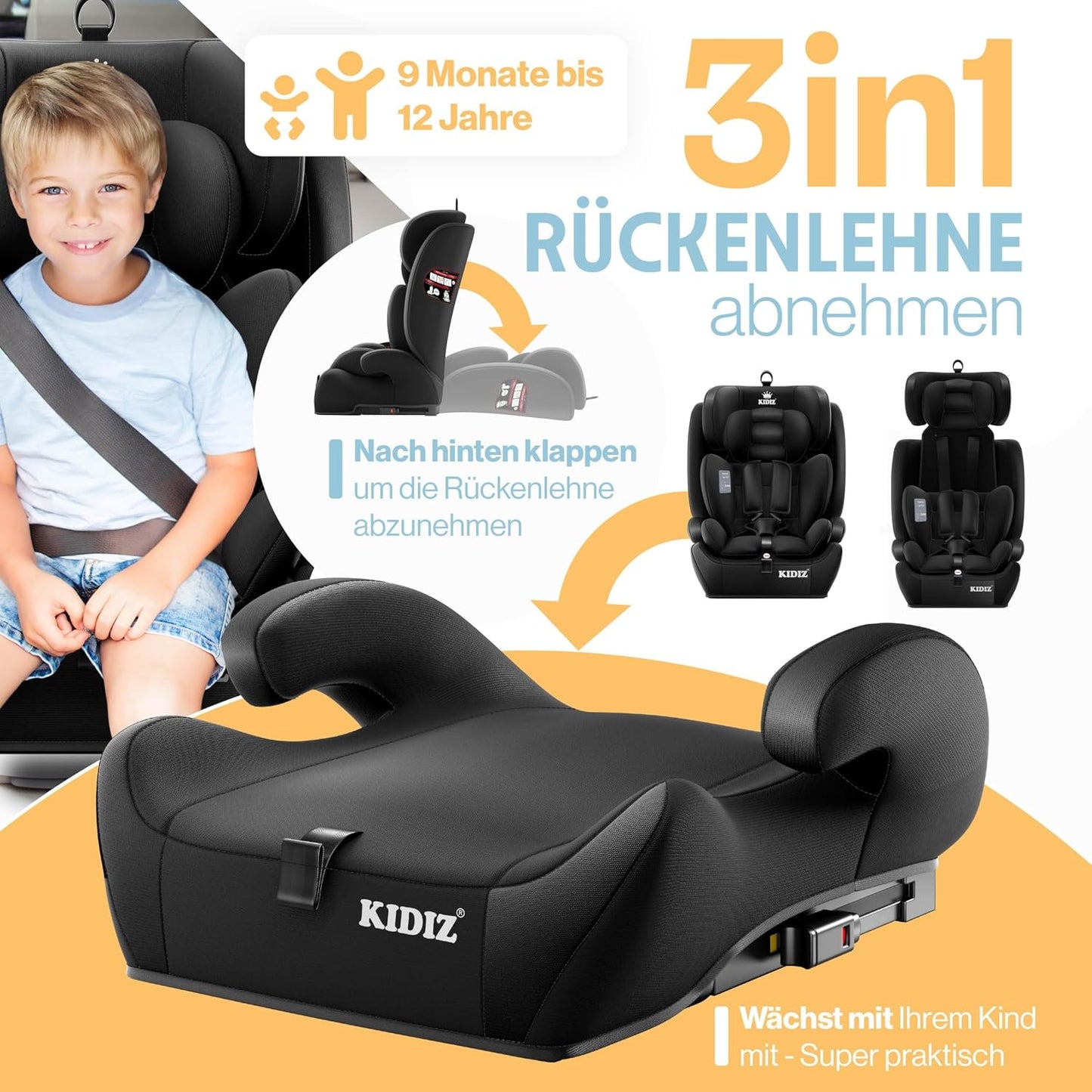 Autokindersitz mit Isofix i-Size R129 100-150cm bis 12 Jahre, Kinderautositz Gruppe 1/2/3, mitwachsender Kindersitz, 5-Punkt-Gurt & höhenverstellbare Kopfstütze, Sitzerhöhung Auto, Schwarz