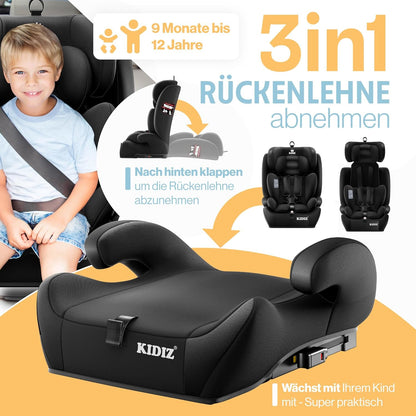 Autokindersitz mit Isofix i-Size R129 100-150cm bis 12 Jahre, Kinderautositz Gruppe 1/2/3, mitwachsender Kindersitz, 5-Punkt-Gurt & höhenverstellbare Kopfstütze, Sitzerhöhung Auto, Schwarz