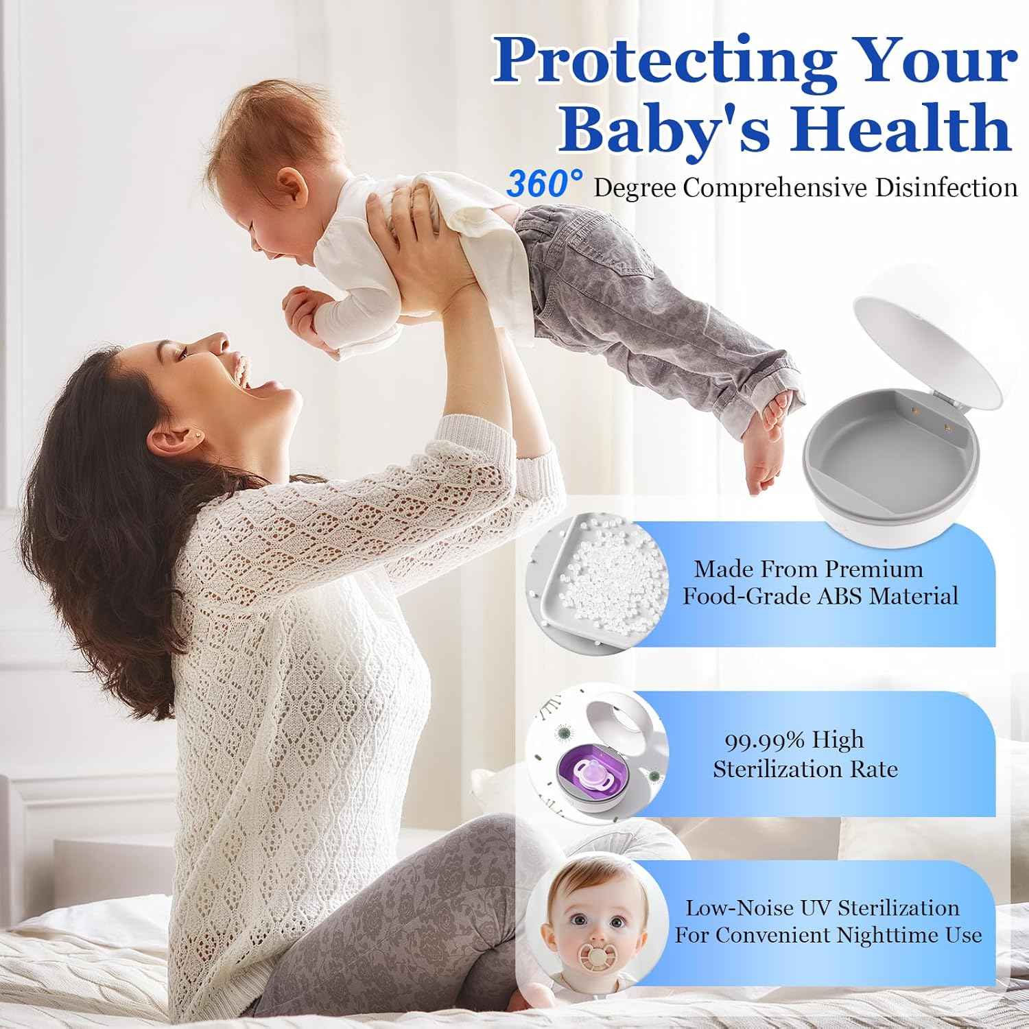 Tragbarer Schnuller-Sterilisator, UV-Baby Sterilisator für Schnuller, 99,99% Sterilisation in 3 Minuten, UV Baby Desinfektionsgerät für Zuhause und Unterwegs, Für 2 Schnuller, Für Reisen & Zuhause