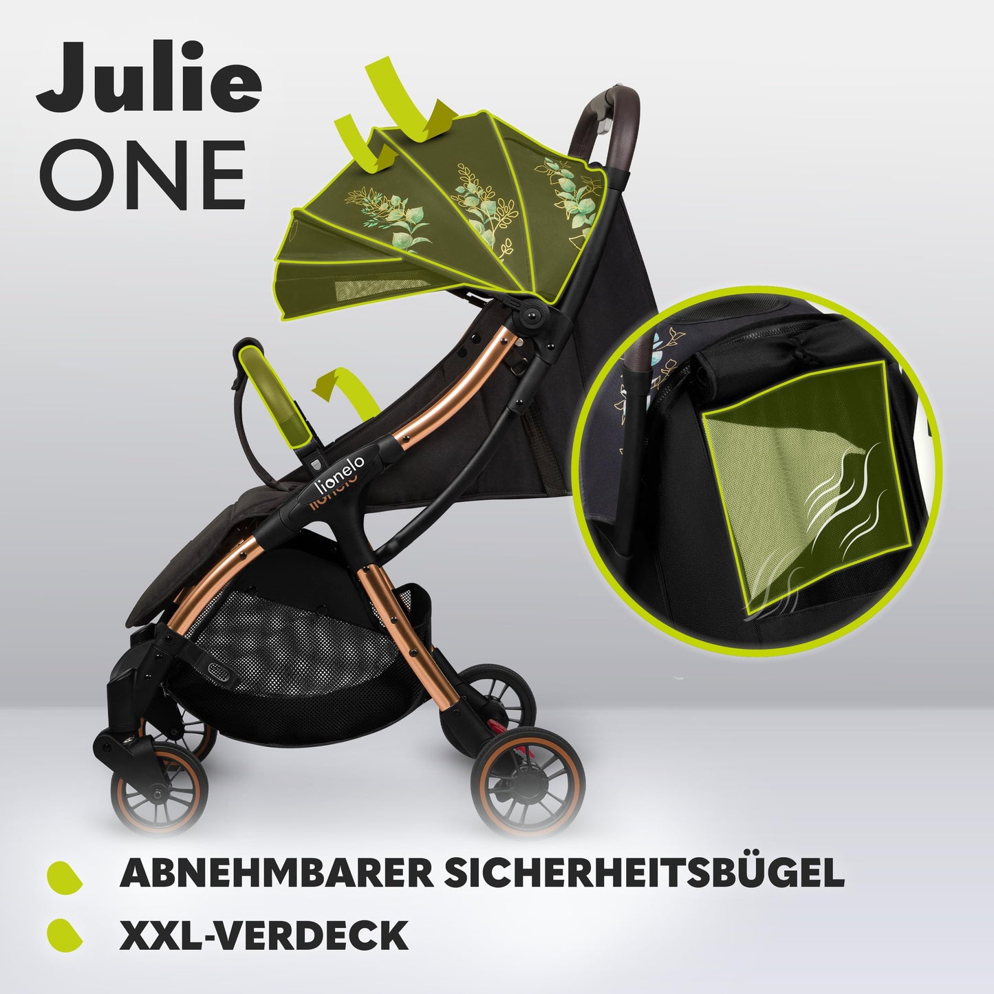 LIONELO Julie One Buggy Pushchair up to 22 kg, Adjustable Backrest and Footrest, Mosquito Net, Leg Warmer, Drink Holder and Transport Bag, Foldable