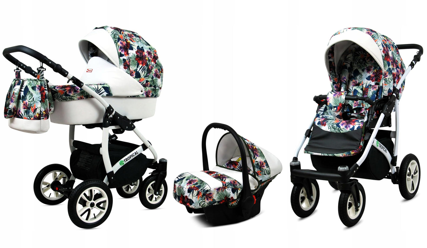 BabyLux® Bambimo Pushchair Set 3 in 1 - Tropical - incl. Baby Carrycot, Buggy Sports Seat, Car Seat - Pram Set - Combination Pram with Changing Bag, Rain Cover etc.