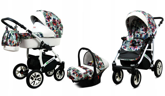 BabyLux® Bambimo Pushchair Set 3 in 1 - Tropical - incl. Baby Carrycot, Buggy Sports Seat, Car Seat - Pram Set - Combination Pram with Changing Bag, Rain Cover etc.