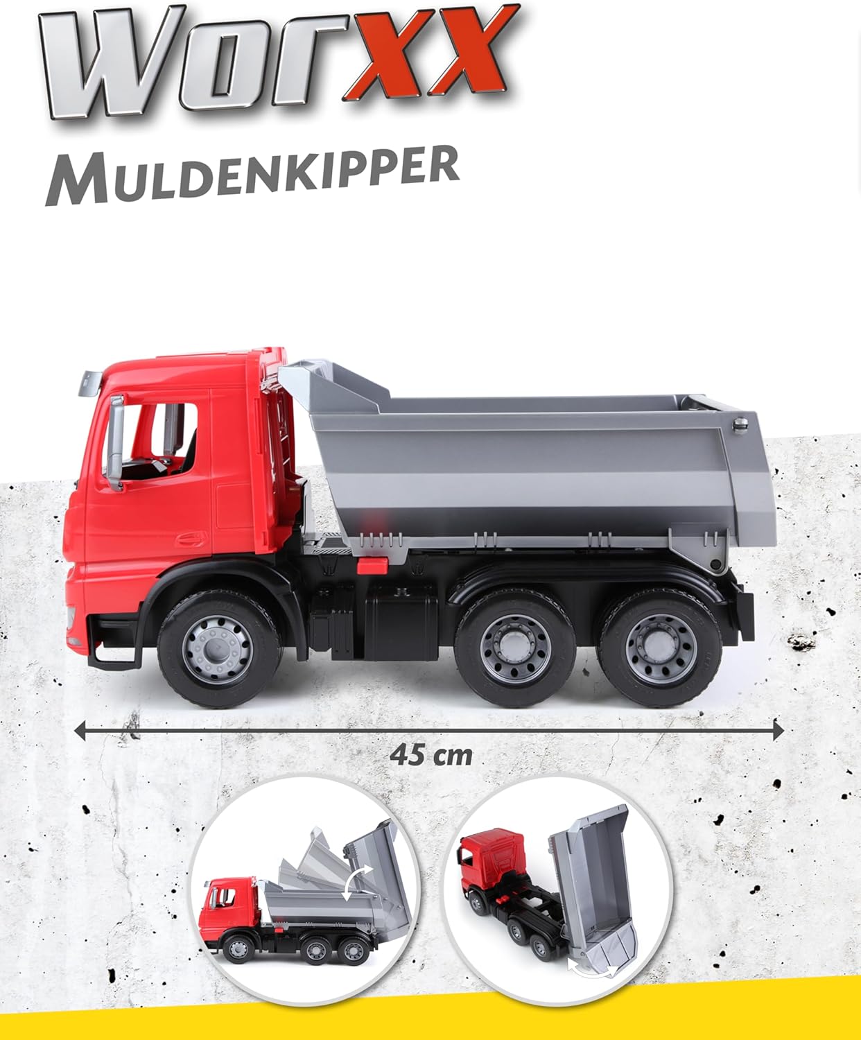 Lena 04610 - Worxx Muldenkipper Mercedes Benz Arocs, ca. 45 cm, Baustellen Spielfahrzeug für Kinder ab 3 Jahre, robuster Kipper LKW mit verriegelbarer Kippmulde und beweglicher Heckklappe