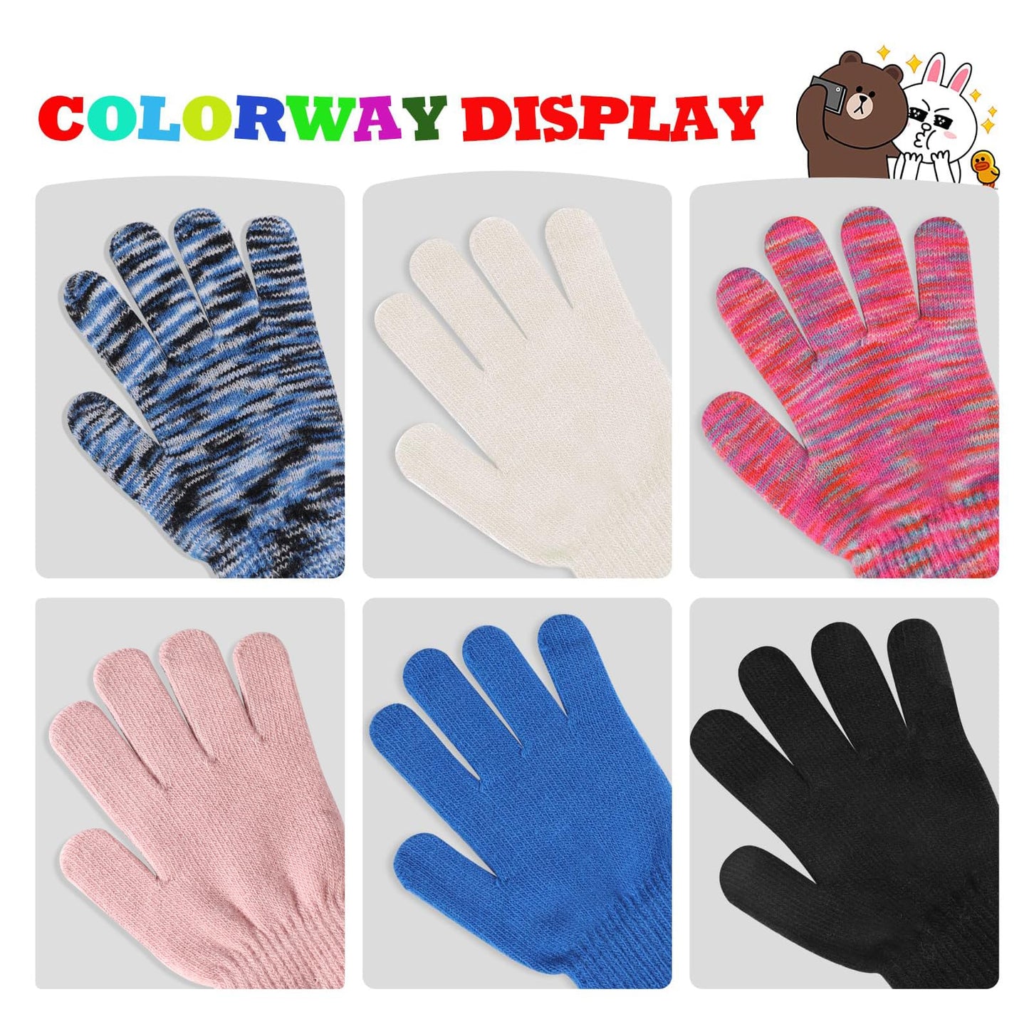 TAGVO 6 Pairs of Winter Magic Gloves, Children's Stretchy Warm Magic Gloves & Mittens Boys or Girls, Knitted Gloves, Unisex Knitted Full Finger Mittens for 5-13 Years