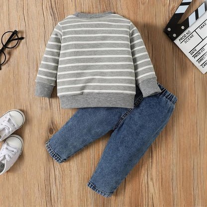 Kleinkind Baby Jungen Kleidung Niedliche Tierdruck Langarm Sweatshirt Tops und Jeans Set Herbst Winter Baby Junge Jeans Casual 2-teiliges Outfit