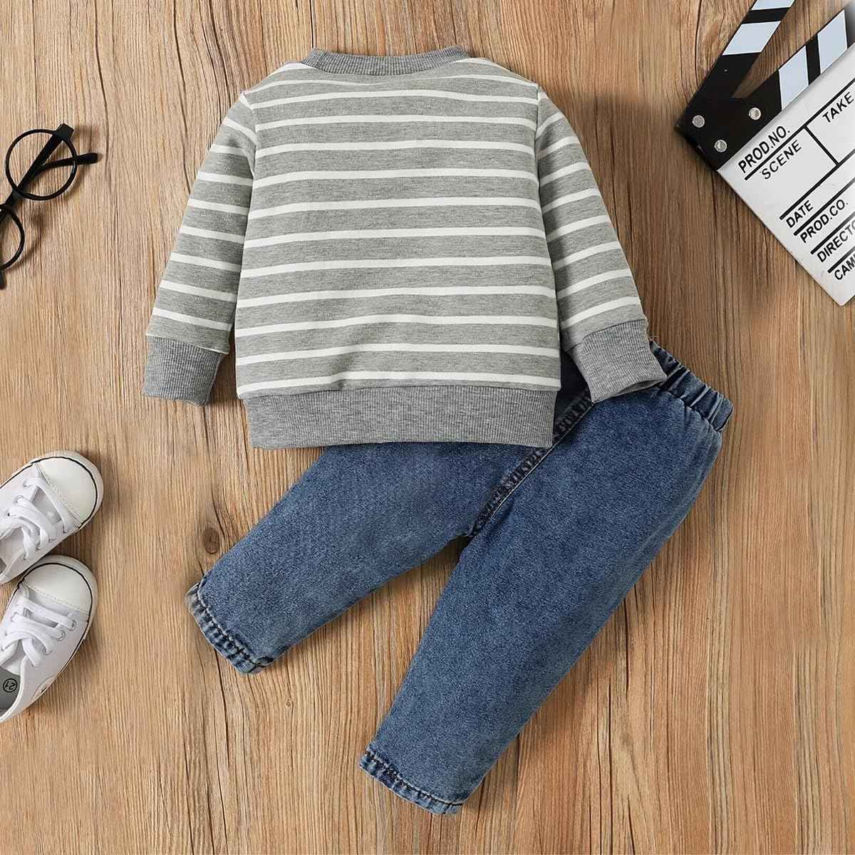 LUVCES Toddler Baby Boys Clothing Cute Animal Print Long Sleeve Sweatshirt Tops and Jeans Set Autumn Winter Baby Boy Jeans Casual 2-Piece Outfit