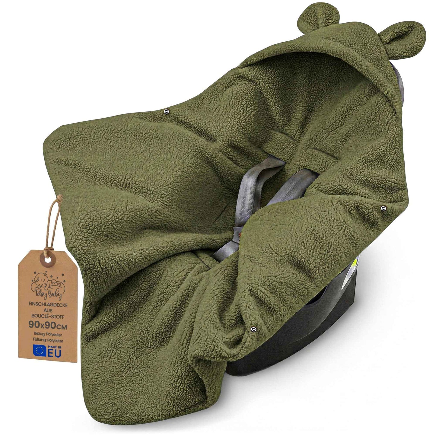 Kuschelige Boucle Einschlagdecke für Babyschale & Kinderwagen – warme Babydecke beidseitig mit Kapuze für Neugeborene – Premium Teddy für den Winter 90×90 cm Hellgrau