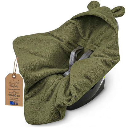 Kuschelige Boucle Einschlagdecke für Babyschale & Kinderwagen – warme Babydecke beidseitig mit Kapuze für Neugeborene – Premium Teddy für den Winter 90×90 cm Hellgrau