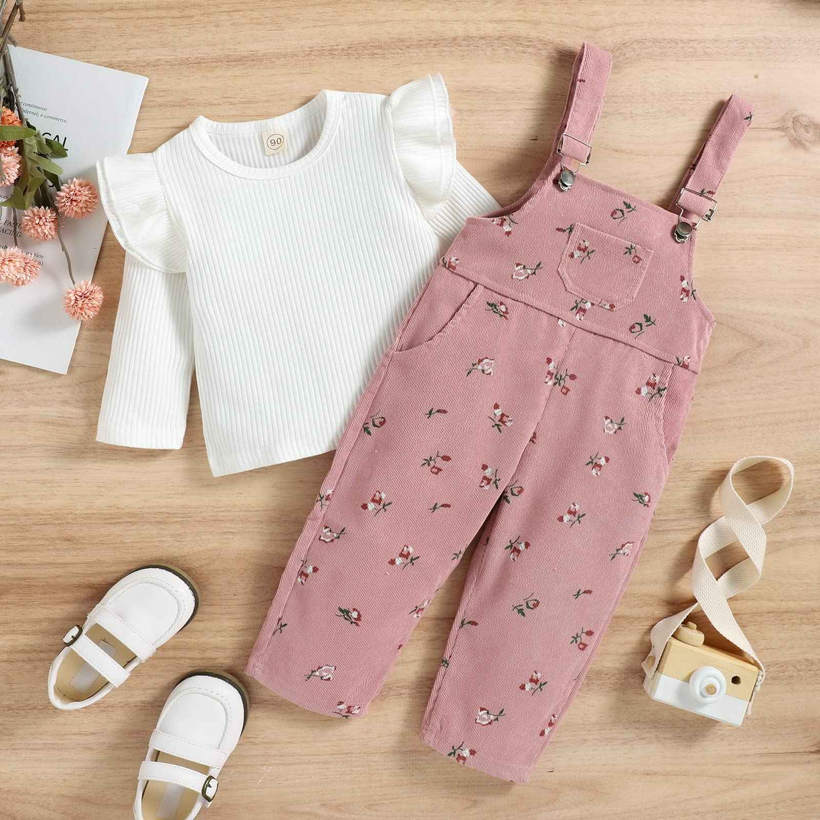 Baby Girls' Clothing Ribbed Knit Long Sleeve Tops Floral Pattern Braces Trousers with Pocket Outfits Sets